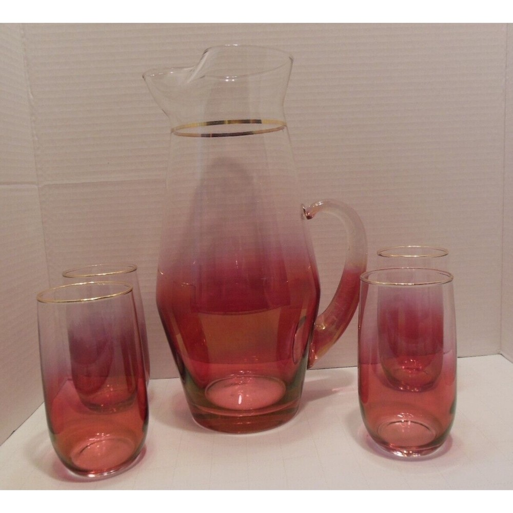 VTG Blendo W. Virginia Cranberry Glass Pitcher Set 4 Glasses Iridescent Pink Red